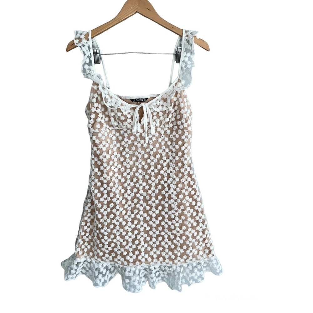 Shein White Lace Nude Floral Eyelet Dress Ruffle Womens size Small